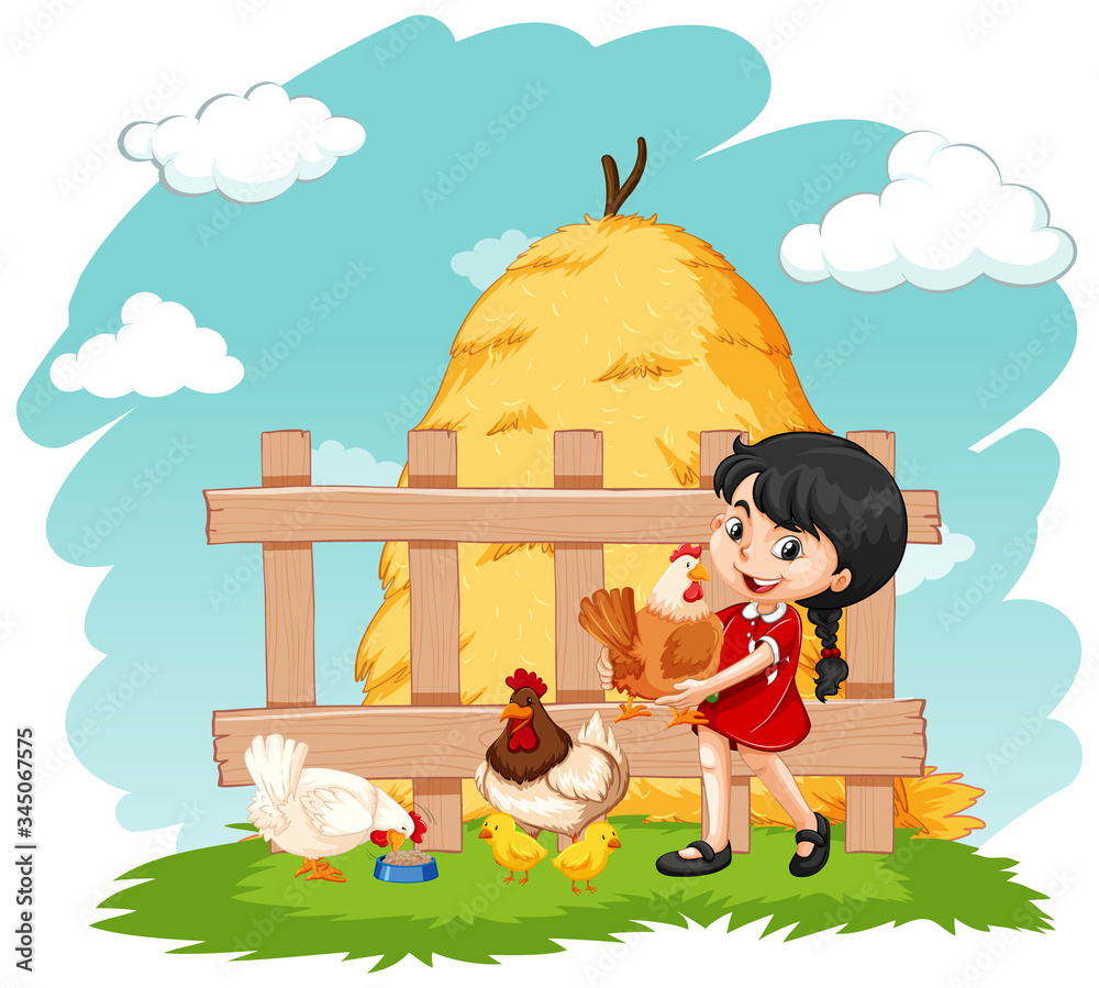 Fototapeta premium Cute girl and many chickens on the farm