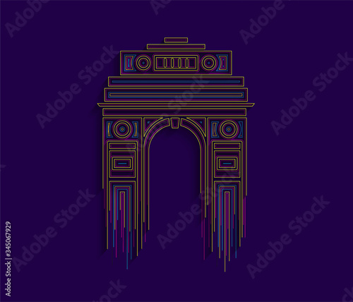 India Gate at New Delhi. 1920s triumphal arch and war memorial. Line art vector illustration.