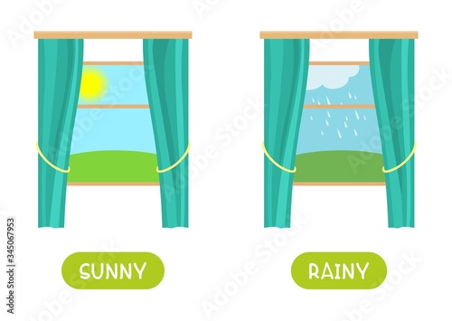 Antonyms concept, SUNNY and RAINY. Educational flash card template with different weather outside the window.  Word card for english language learning with opposites. Flat vector illustration