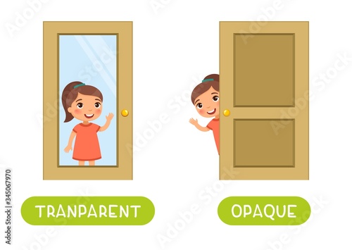 Opposites concept, OPAQUE and TRANSPARENT. Word card for language learning. Little girl stands behind a glass door and behind a wooden door.  Flashcard with antonyms for children vector template