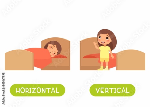 Opposites concept, HORIZONTAL and VERTICAL. Word card for language learning. Little girl is lying in bed, child is standing. Flashcard with antonyms for children vector template. Flat illustration 