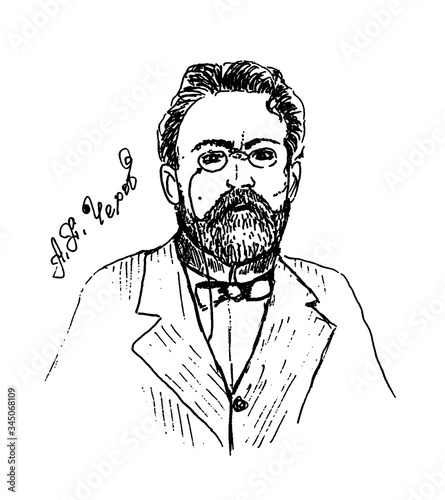 Anton Pavlovich Chekhov. Drawing of famous and historical known Russian character and person. Sketch or doodle on white background. Hand drawn portrait. Russian playwright and short-story writer. photo