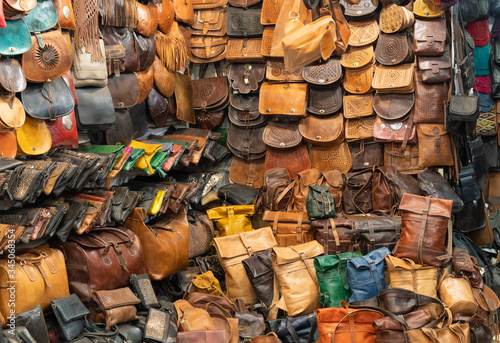 Leather goods at a market in the Marrakech Medina