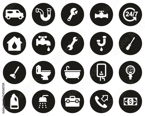 Plumbing Service & Equipment Icons White On Black Flat Design Circle Set Big