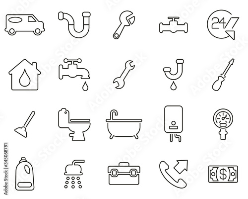 Plumbing Service & Equipment Icons Black & White Thin Line Set Big