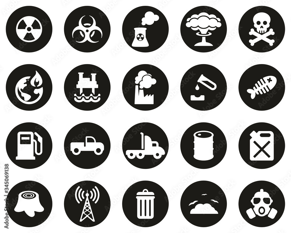 Pollution Or Contamination Icons White On Black Flat Design Circle Set Big