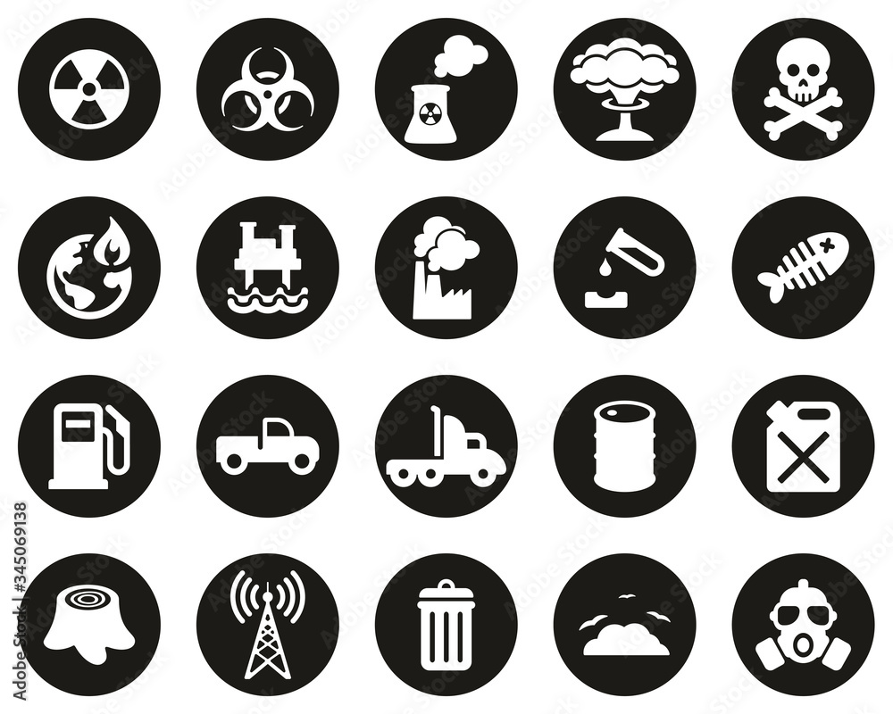 Pollution Or Contamination Icons White On Black Flat Design Circle Set Big Pollution Or Contamination Icons White On Black Flat Design Circle Set Big