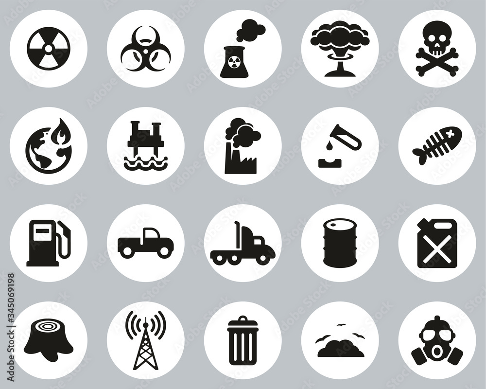 Pollution Or Contamination Icons Black & White Flat Design Circle Set Big Pollution Or Contamination Icons Black & White Flat Design Circle Set Big
