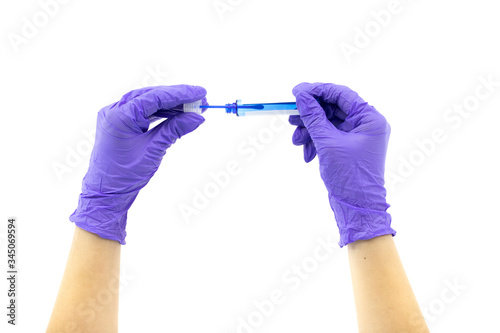 Coronavirus nasal swab lab test tube in hands with rubber gloves on isolated white backgroung. Healthcare, medical equipment, analysis and sampling infection disease concept