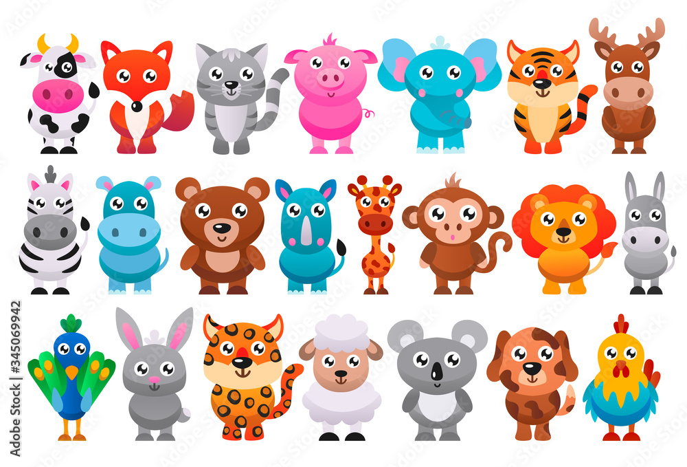 Collection of cute cartoon animals. Vector flat illustration. Collection of cute cartoon animals. Vector flat illustration.