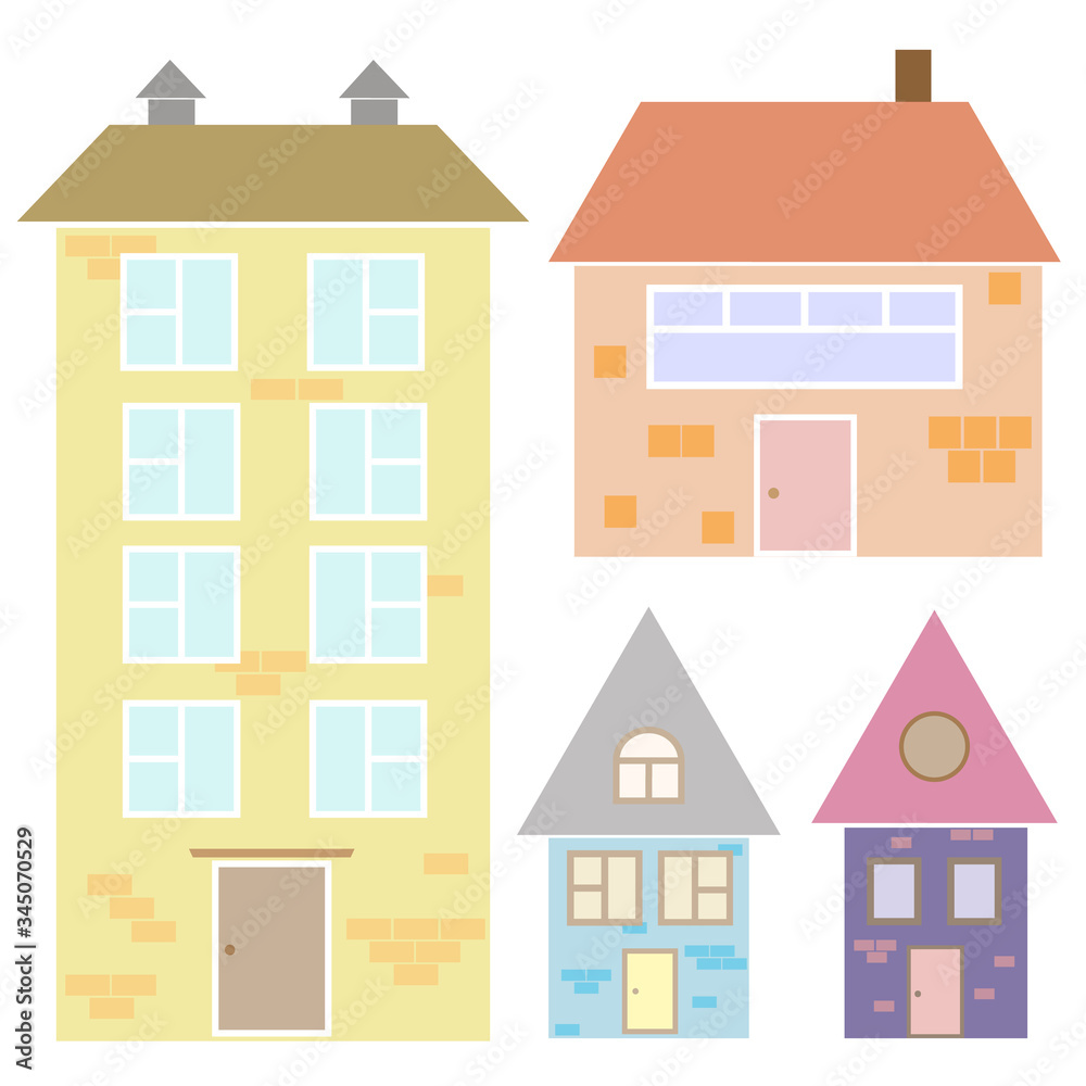 Cute vector houses. Drawn in simple minimalistic Scandinavian style. For postcards, surface design, decor of children's rooms, print stickers. The Cute vector houses. Drawn in simple minimalistic Scandinavian style. For postcards, surface design, decor of children's rooms, print stickers. The