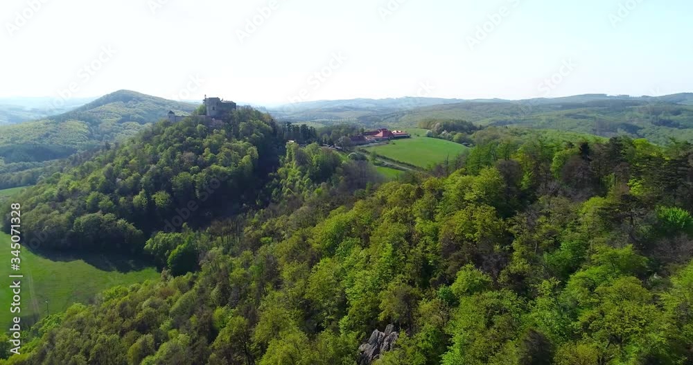 Aerial view of castle Buchlov and chapelle of st. Barbora in the Moravia landscape Aerial view of castle Buchlov and chapelle of st. Barbora in the Moravia landscape
