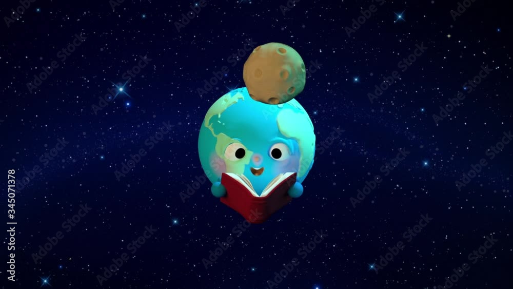 Planeta tierra leyendo un libro con la luna orbitando en el espacio