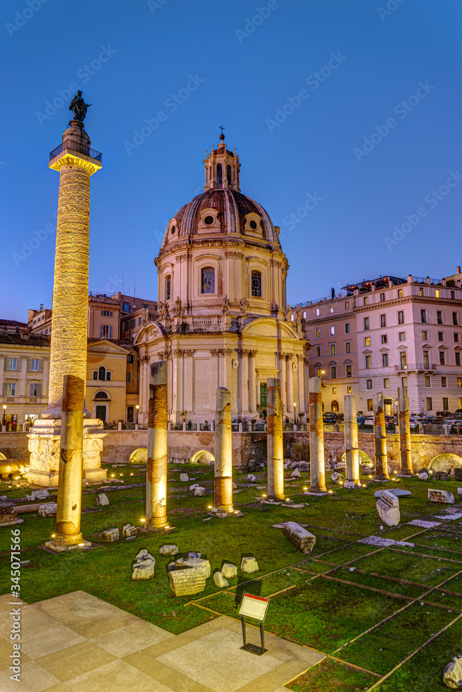 The remains of the Trajans Forum in Rome at dusk