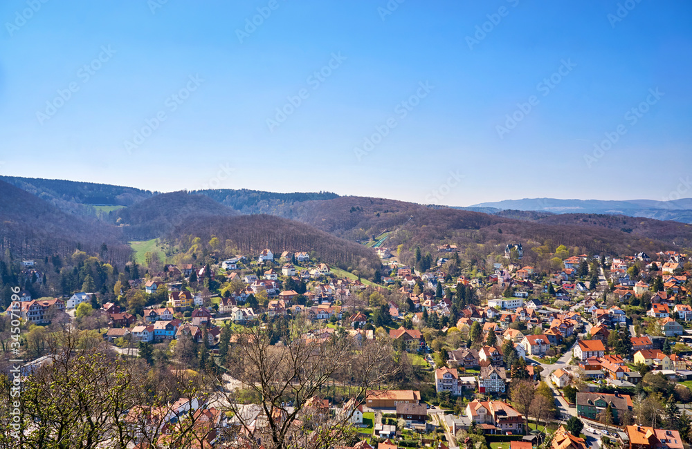 City of Wernigerode with The Harz Mountains in the background. Saxony-Anhalt, Germany