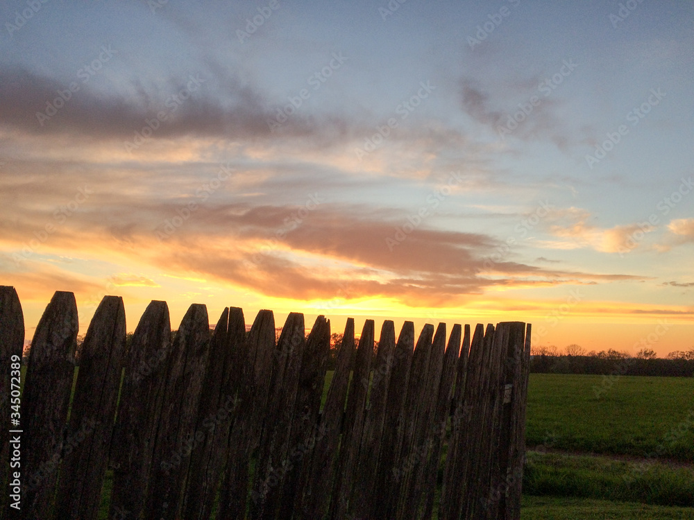 Obraz premium sunset green grass rustic wooden fence with yellow blue gold colors and tree