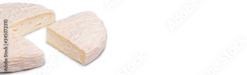 The concept of oriental cuisine. National Italian French Brie type of cheese. Camembert cheese on white background. Long banner format