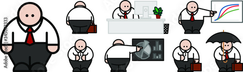 Office employee wearing dark trousers, white shirt and red tie, various poses and situations, clipart set on white background