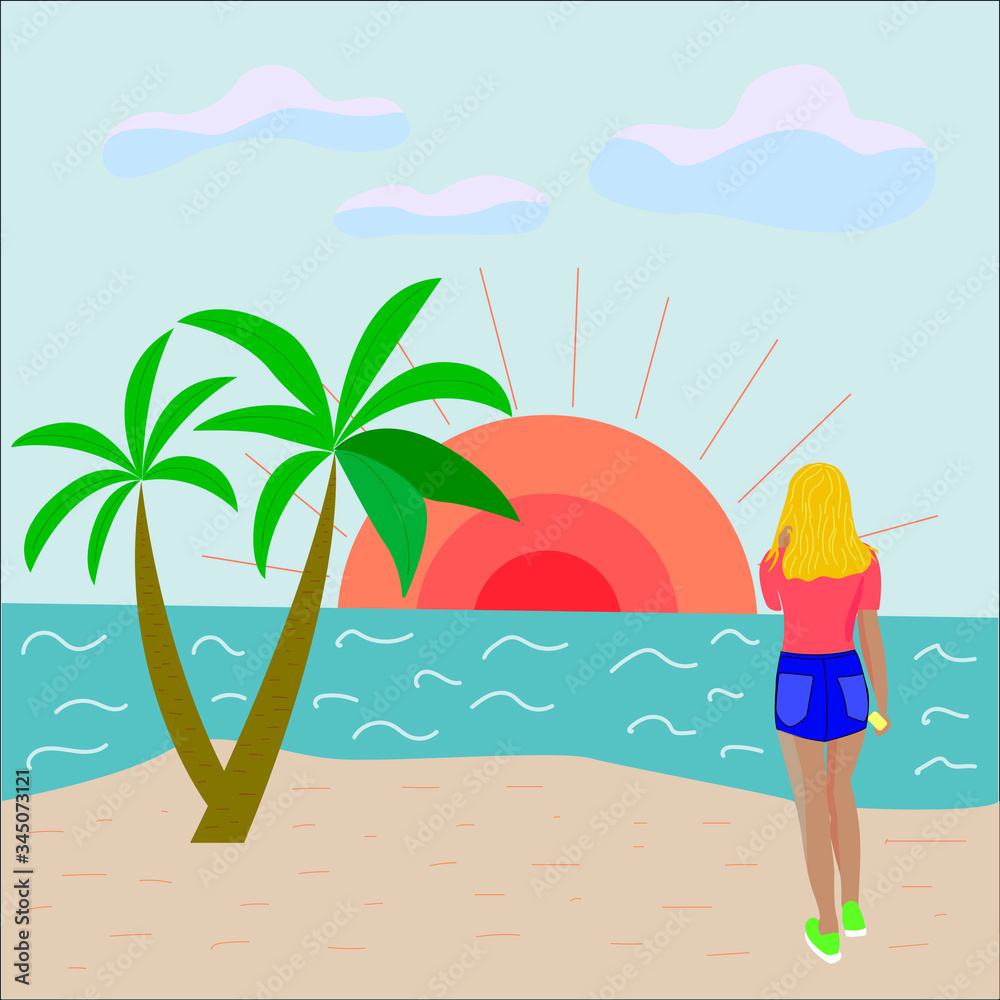 Image of the sea, sunset, palm trees and girl on the shore. Flat style, vector graphics, for recreation and tourism