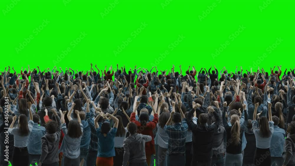 Green Screen: Crowd of People Having Fun, Cheering, Applauding, Celebrating at Sport Event, Concert, Festival, Party. Back View. Chroma Key, Black Screen, Silhouette White People on Black Background