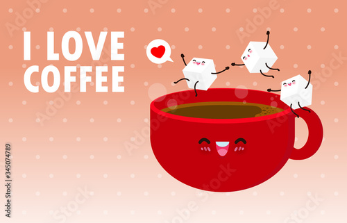 Happy Cute cup of coffee with white sugar funny character. Cute sugar jumping on coffee cup, i love coffee poster Isolated on background vector Illustration in flat style