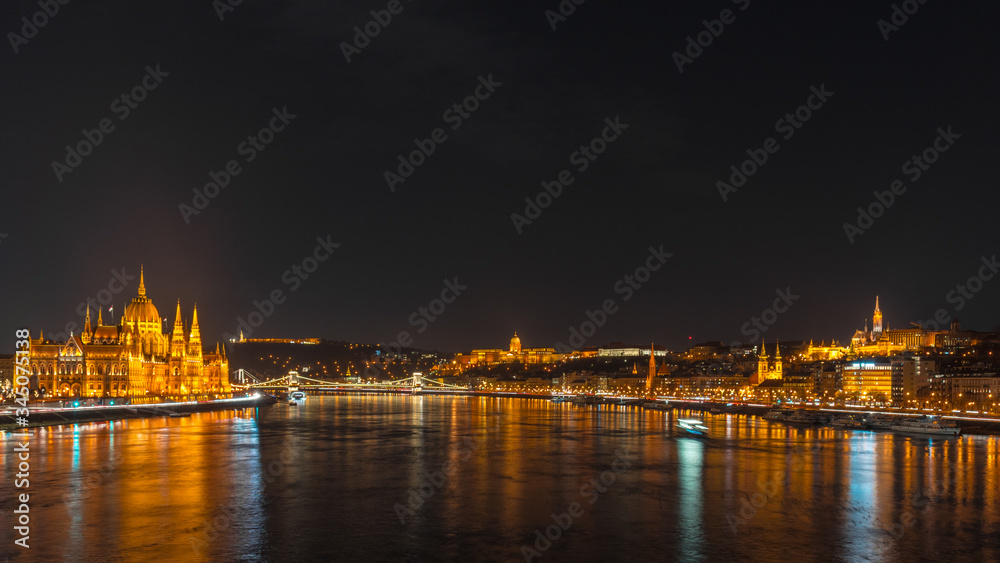 View of Budapest and the river Danube from the Margit Bridge. Parliament on the left, Chain Bridge in the middle, Buda Castle on the right.