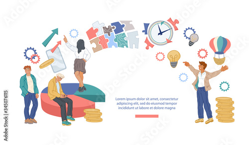 Workflow organization and management website banner with business people team. Teamwork process and deadlines respect. Efficient workday and effective time planning. Vector isolated illustration.