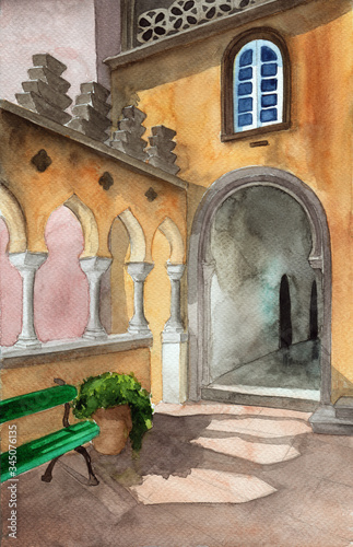 Watercolor illustration of the courtyard of an old European building with pillars  an arched entrance and a flower pot on the  floor