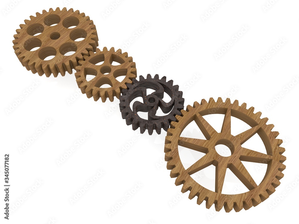 Rusty gear as an intermediate between wooden gears on white Rusty gear as an intermediate between wooden gears on white