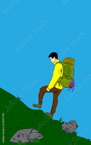 Vector illustrated young man going up on a hill with blue sky on the background.