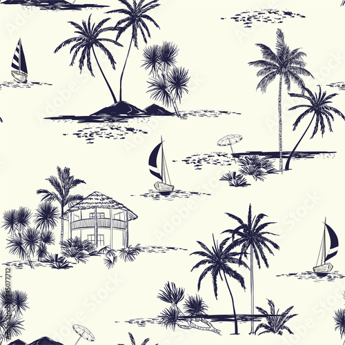 Trendy hand drawn island vector seamless pattern vintage mood wih sea,sun ,palm trees, sailboat ,sky The Summer mood illustration.Design for fashion,fabric,wallpaper