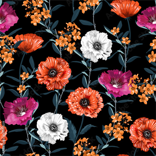 Fototapeta Naklejka Na Ścianę i Meble -  Beautiful blooming garden flowers in the night seamless pattern vector hand drwan style ,Design for fashion,fabric,web,wallpaper,wrapping,cover abd on prints