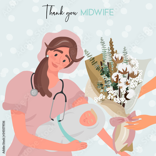 International Day of the Midwife. A midwife in uniform is holding a newborn baby in her arms. Pleasant flat vector greeting card to the midwife.