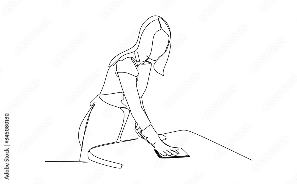 continuous one line drawing of a young woman in apron cleans the desk using duster cloth continuous one line drawing of a young woman in apron cleans the desk using duster cloth
