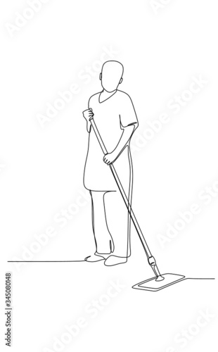 Continuous single line vector illustration of a woman cleaning the floor