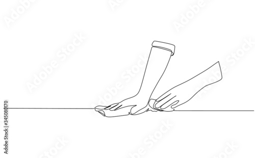 Continuous one line drawing show hands cleaning desk using rag duster cloth. Vector illustration