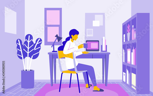 Vector illustration of woman in the home office