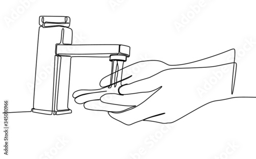 Continuous one line drawing of hand being washed. Vector illustration