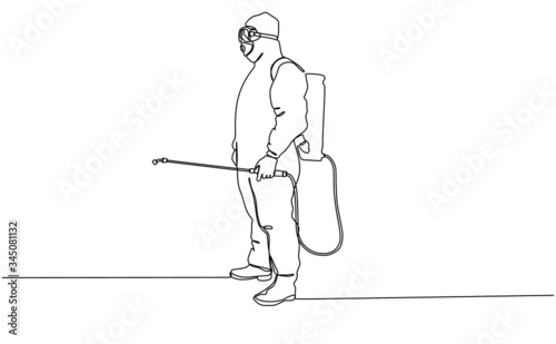 Continuous one line drawing illustration vector of a man in protective suit spraying disinfectant to clean and disinfect virus