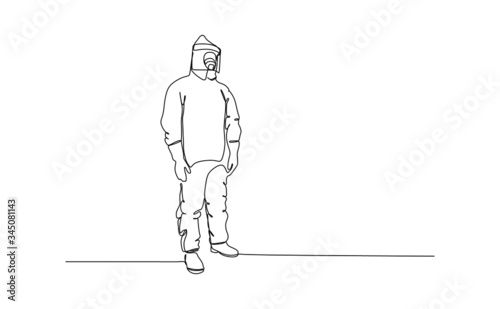 Continuous single line vector illustration of a man in protective coverall suit