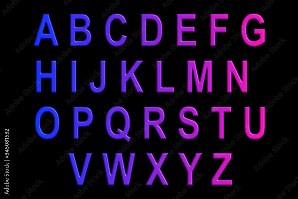gradient color 3d Abc alphabet letters on black background 