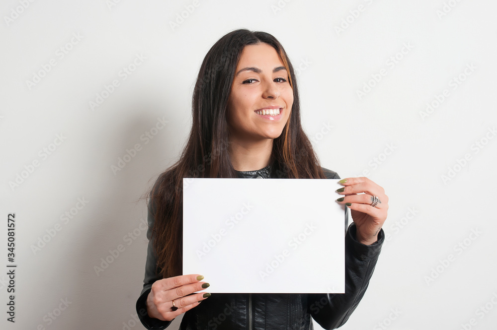 beautiful smiling brunette girl with placard beautiful smiling brunette girl with placard