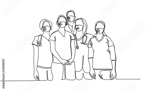 Continuous single line vector illustration of medical team in protective surgical mask