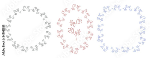 A set of three flower frames is isolated on a white background. Round, square and oval border