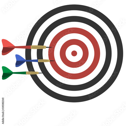 Color illustration of a dartboard and three multicolored Darts isolated on a white background, icon, banner, design, poster, vector