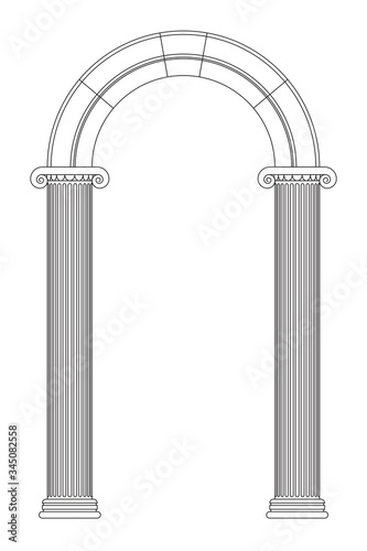 Antique ionic columns with arc. Line design, editable strokes. Vector illustration isolated on white background, EPS 10