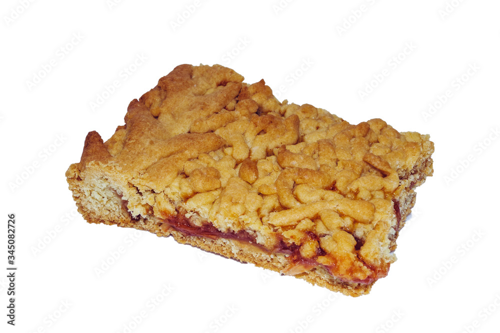 A piece of homemade apple pie. Side view.