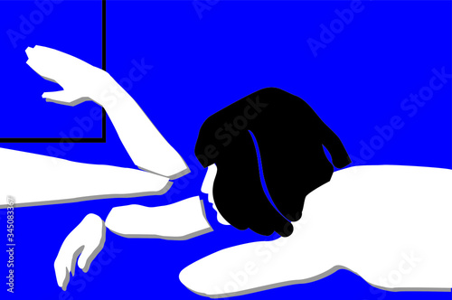 A beautiful woman lies on a bed near the window, without clothes. Near the 

man’s hand. Art concept on blue isolated background.