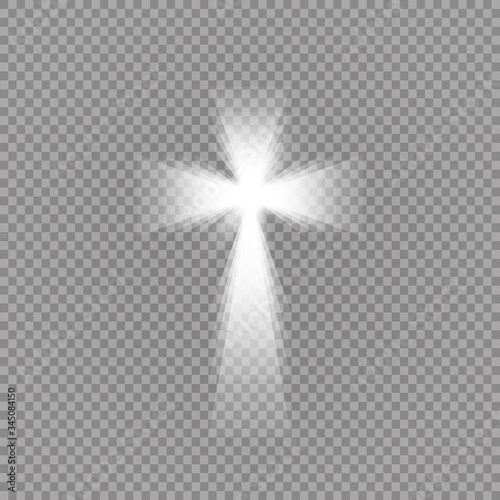 Shining white cross and sunlight special lens flare light effect on transparent background. Glowing saint cross. Vector illustration