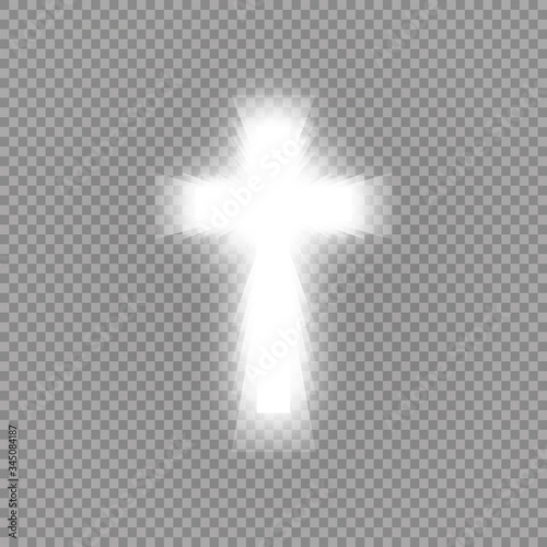 Shining white cross and sunlight special lens flare light effect on transparent background. Glowing saint cross. Vector illustration